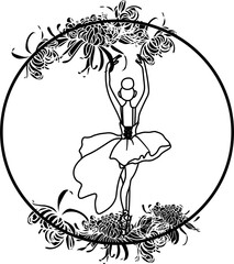 Watercolor dancing pink pretty ballerina with flowers and moon. Watercolor hand drawn illustration. Can be used for cards or posters. With white isolated background. Young  pretty ballerina women.