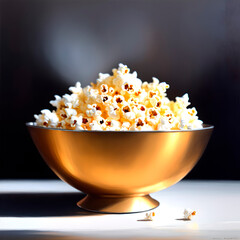 copper bowl with popcorn standing on the table, international popcorn day,  generative AI