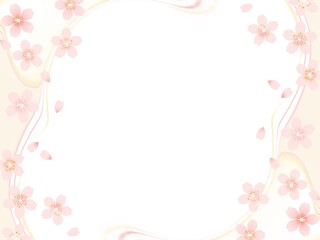 優しい春色の流線に桜の花が綺麗なフレーム背景イラスト