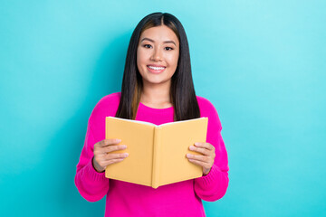 Photo of pretty cute lady wear pink clothes hands hold book diary planner preparing exam isolated on cyan color background