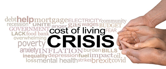 Cost of Living Crisis male cupped hands around female cupped hands seeking help beside a relevant word cloud  - obrazy, fototapety, plakaty