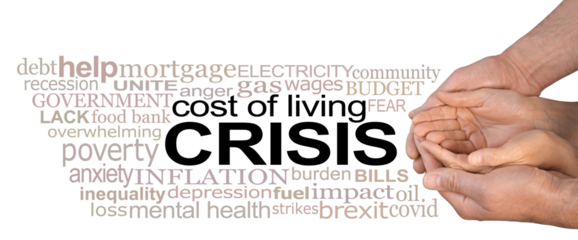 Cost of Living Crisis male cupped hands around female cupped hands seeking help beside a relevant word cloud 