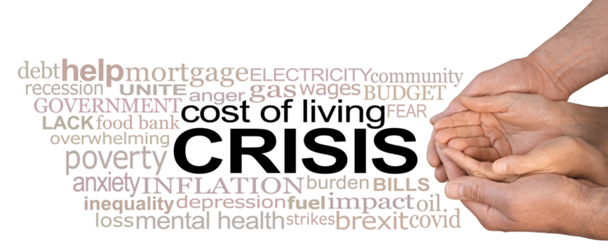 Cost of Living Crisis male cupped hands around female cupped hands seeking help beside a relevant word cloud  - Powered by Adobe
