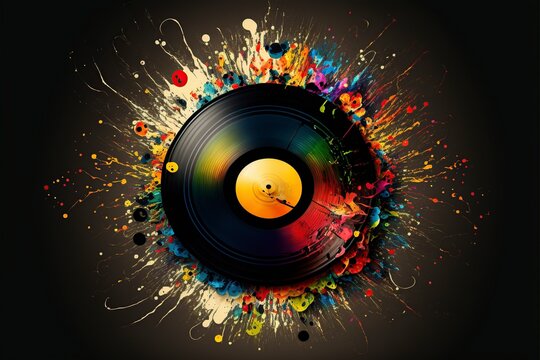 illustration, vinyl record with music and color, image generated by AI