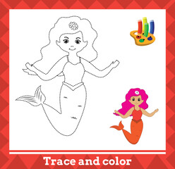 Trace and color for kids, mermaid no 16 vector illustration.