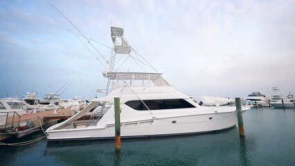 Fototapeta premium Casa de Campo Marina, Dominican Republic. Luxury yacht moored in marina. Luxury lifestyle