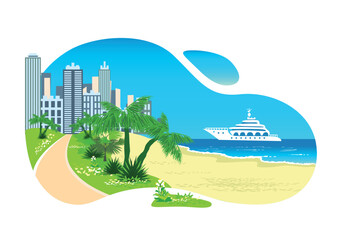 Vector illustration of a city beach surrounded by palm trees and tropical plants against the backdrop of the skyscrapers of a big city by the sea. Rest in the resort town.