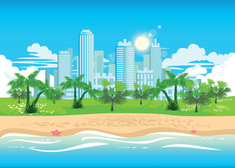 Vector illustration of a city beach surrounded by palm trees and tropical plants against the backdrop of the skyscrapers of a big city by the sea. Rest in the resort town.