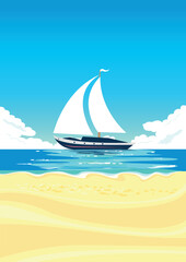 Fototapeta premium Sailboat on a tropical beach. Vector illustration of a summer holiday by the sea. Summer landscape.