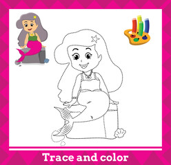 Trace and color for kids, mermaid no 5 vector illustration.