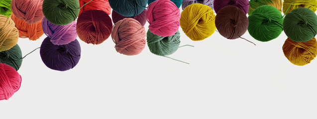 Balls of wool colored yarn for hand knitting and crochet on white background. Recomforting winter hobby concept. Mock up, flat lay, copy space, banner.