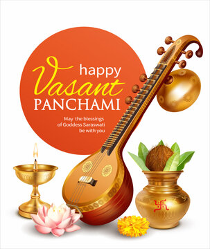 Greeting card with veena, kalash (pot) and diya (oil lamp) for Indian festival Vasant Pancami (Saraswati Jayanti) dedicated to Devi Saraswati (goddess of art, knowlege and wisdom). Vector .