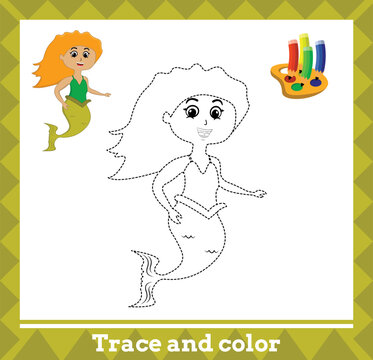 Trace and color for kids, mermaid no 3 vector illustration.