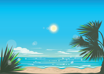 Fototapeta na wymiar Tropical beach with palm tree and shining sea for screensaver, banner or poster. Summer vacation by the sea vector vertical background