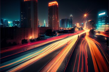 Fototapeta premium Abstract cityscape with motion blur and light trails at night. Generative AI