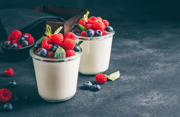 Homemade italian dessert panna cotta with fresh raspberry, blueberries and mint in jar on black background