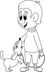 vector linear image of a boy and his beloved dog for coloring