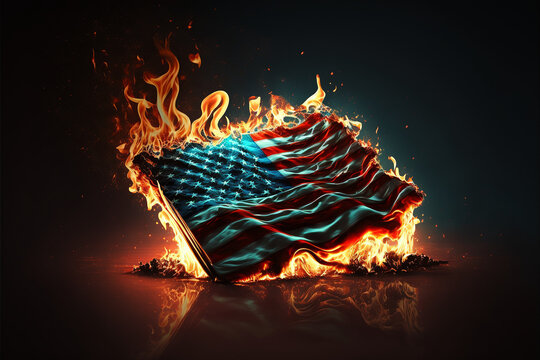 Burning American flag on fire conceptual image