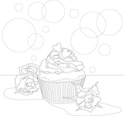 Realistic cupcake with cream, hearts and rose flowers sketch template. St. Valentines day cartoon vector illustration in black and white for games. Coloring paper, page, story book. Print for fabrics 