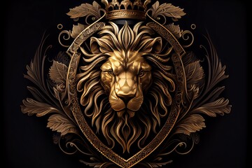 Golden lion head with a crown in a decorative shield on a black background. Generative AI