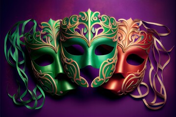 Group of three colorful masks on a green and purple background with ribbons. Generative AI