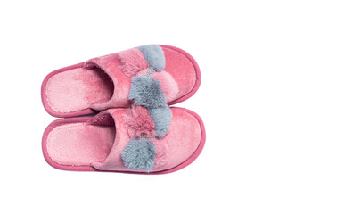 Home female pink and grey slippers on a white background.