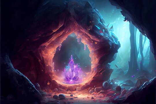 A mystical cavern with magical crystals. Generative AI