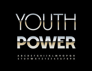 Vector steel logo Youth Power. Trendy Metallic Font. Artistic Alphabet Letters and Numbers set