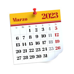 March Calendar 2023 in Spanish Language. Isolated on White Background. 3D Illustration