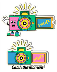 Obraz premium Tourist stickers (Hiking)! Vector video camera! Children's stickers! 