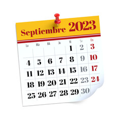 September Calendar 2023 in Spanish Language. Isolated on White Background. 3D Illustration