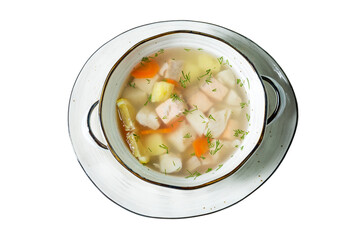 Appetizing transparent fish soup with pieces of salmon. Healthy food and eating habits. Top view. Isolated on white background.
