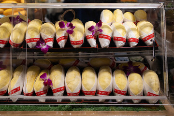 Freshly packed durian selling in stores with cover