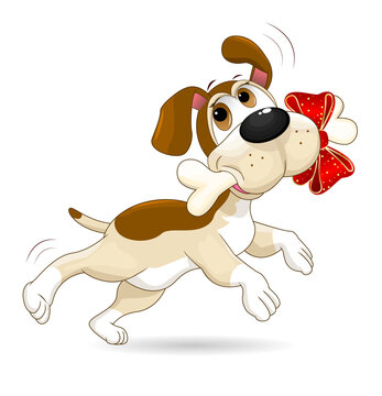 Joyful dog with gift bone. The cartoon dog joyfully jumps and runs with a bone in his mouth. The bone is tied with a red bow