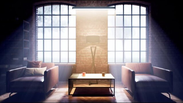 Loft interior, two chairs and coffee table with two cups. Moonlight in windows. Slider cinematic motion, rays of light through window