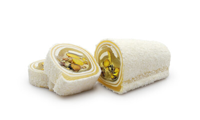 Obraz na płótnie Canvas Sliced turkish delight roll with pistachio and coconut flakes close-up isolated on white background 