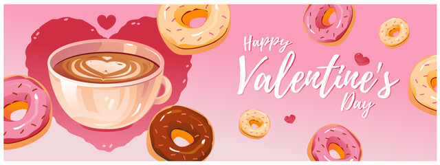 Coffee with a foam heart and donuts. Dessert for Valentine's Day. Template for a web banner, postcard, post in a social network.