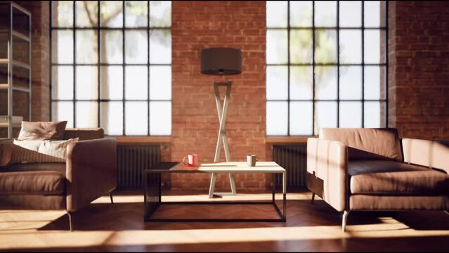 Loft interior, two chairs and coffee table with two cups . Slider cinematic motion, rays of light through window