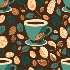 Patron infinito de Taza de café, con hojas, ilustrada en vectores otoñales, para fondo, papel tapiz, imprimir, decoración, diseño, cafetería.
