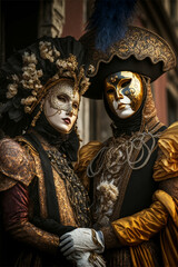 Venetian Carnival Masquerade Illustration, Luxury Ornate Venetian Masks and Costumes, Fictional Characters, Generative AI - obrazy, fototapety, plakaty