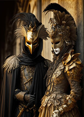 Venetian Carnival Masquerade Illustration, Luxury Ornate Venetian Masks and Costumes, Fictional Characters, Generative AI