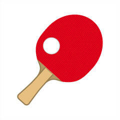 Ping pong paddle, table tennis racket with ball top view. Sports equipment with wooden handle and rubber red bat surface isolated on white background