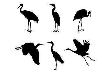 Set of silhouettes of cranes vector designs