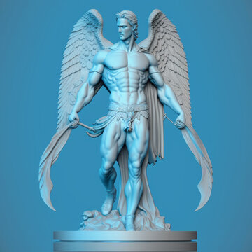archangel, statue, strong, real life, full body, light blue background, detailed, cinematic, detailed, detailed face