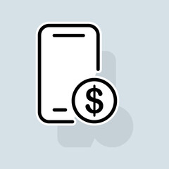Phone with dollar line icon. Installment TV, computer components, technology, IT sphere, hardware store. Gadget concept. Vector sticker line icon on white background