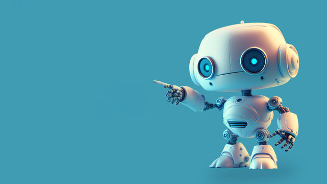 Cute white robot on blue background pointing at a subject, ai generated