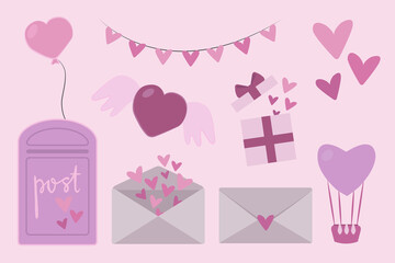 Set of St. Valentine's days elements - mailbox, love letters, gift box, hearts. 