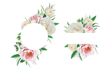Floral border, frame set. Pink peach peony flower, ivory cream rose flowers, green leaves bouquet editable vector Illustration. Chic wedding, elegant greeting template design isolated white background