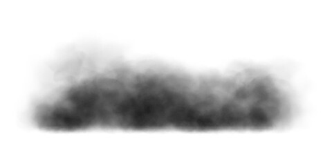 Black smoke cloud, dirty toxic fog or smog. Black fume texture isolated on white background. Vector realistic illustration of dark  smoky