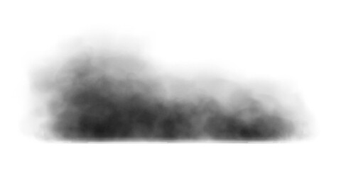 Black smoke cloud, dirty toxic fog or smog. Black fume texture isolated on white background. Vector realistic illustration of dark  smoky
